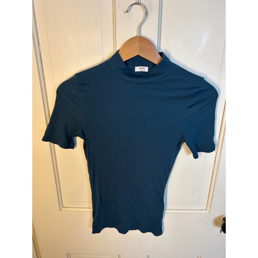 DU/ER Womens Mock Neck Short Sleeve Ribbed Top Dark Teal Blue WTJS1638‎ XS